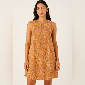 A.N.A Floral Sleeveless Shift Dress M Pink Orange Green Cotton Boho 70s Festival